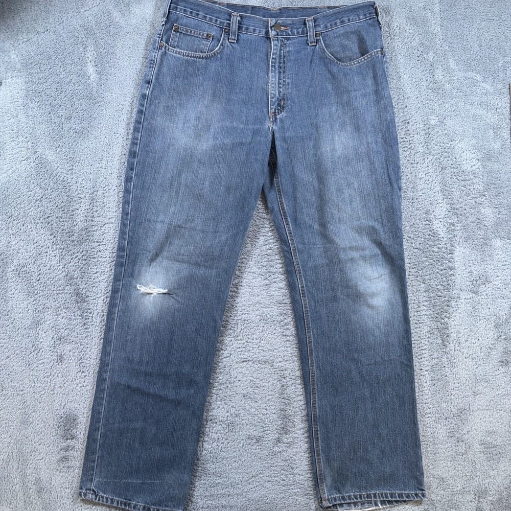 Carhartt Distressed Denim Blue Jeans Men's Size 36X32 Relaxed Fit